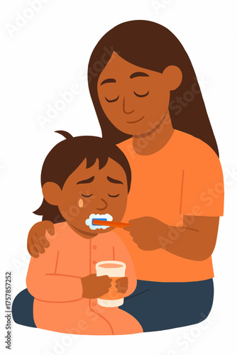 Sister Helping Brush Teeth Vector