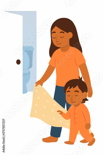 Sister Accompanying Sibling to Bathroom Vector