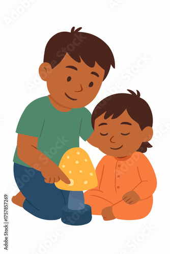 Brother Turning On Night Lamp Vector