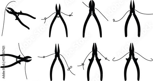 Set of eight plier and wire manipulation silhouettes showing different bending techniques for crafting, jewelry making, and electrical work