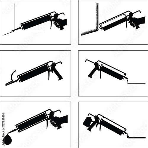 Set of six caulking gun illustrations showing application, preparation, and sealing techniques for construction and home improvement projects
