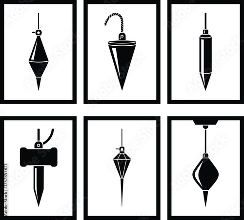 Set of six plumb bob silhouette illustrations showing various shapes and suspension styles for construction, surveying, and vertical alignment tools