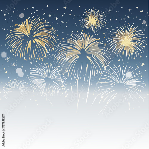 Vector horizontal greeting banner with gold fireworks in night sky. Festive lights on blue background with effect bokeh for design of holiday poster and celebratory flyer. File contains clipping mask.