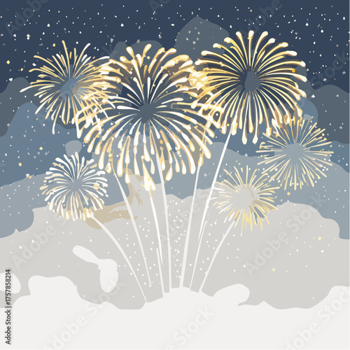 Vector horizontal greeting banner with gold fireworks in night sky. Festive lights on blue background with effect bokeh for design of holiday poster and celebratory flyer. File contains clipping mask.