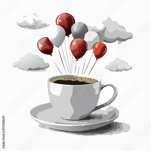 Vector 3d realistic mockup of coffee cup with clouds and balloons pattern. Isolated from the background. Easy to change colour.