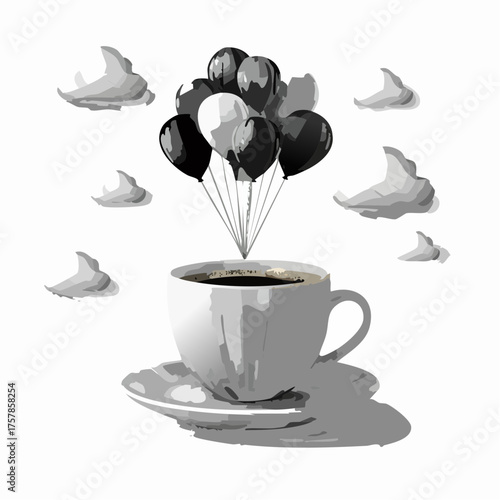 Vector 3d realistic mockup of coffee cup with clouds and balloons pattern. Isolated from the background. Easy to change colour.