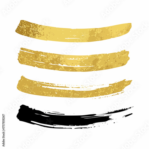 Set of vector sparkle golden mascara brush strokes. Luxury decor of gold shiny foil. Collection of grunge metal paint texture for greeting card design. Glitter patterns isolated from white background.