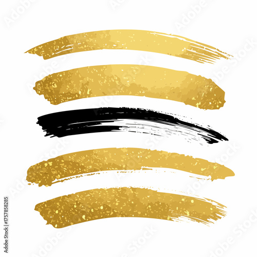 Set of vector sparkle golden mascara brush strokes. Luxury decor of gold shiny foil. Collection of grunge metal paint texture for greeting card design. Glitter patterns isolated from white background.