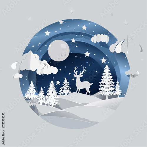 Vector winter night scene with deer and fir trees, clouds, moon, stars, snowfall on blue background. Festive layered layout with 3D realistic paper-cut symbols of Christmas season for holiday banner.
