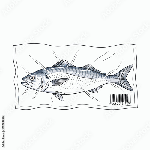 Fresh Mackerel Fish Wrapped in Plastic Packaging with Barcode Illustration