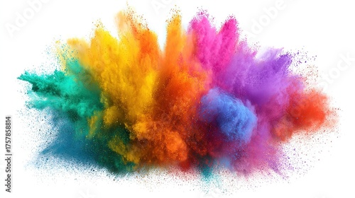 Abstract-Style Colorful Paint Powder Explosion (Isolated on White Background): Aerial Dust Splash + Bright Vibrant Burst, for Posters/Digital Designs/Festival Assets