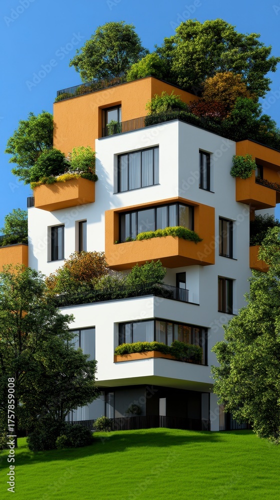 Fototapeta premium Modern Green Building Architectural Design with Orange and White Accents