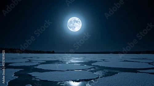 Full moon illuminates vast frozen lake with cracked ice reflecting ethereal light under starry night sky, creating a serene winter wonderland.