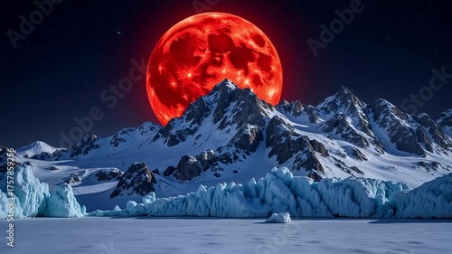 Dramatic red moon hangs over snow-capped peaks and icy glaciers under a starry night sky, evoking mystery and awe.
