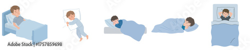 Young man sleeping in different poses in bed, collection of flat vector illustrations