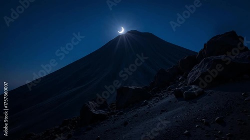 Dramatic solar eclipse crests volcanic peak under deep blue twilight sky casting ethereal light over rugged terrain