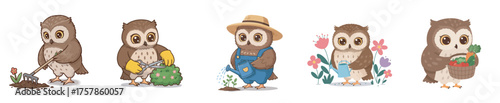 Adorable cartoon owls joyfully engage in various spring gardening activities, tending to plants and flowers with cheerful enthusiasm in a whimsical illustration series