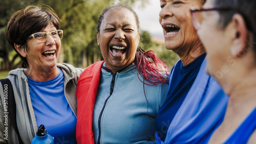 Senior friends, Happy older people have fun after yoga sport class hug outdoors in park city. Healthy lifestyle