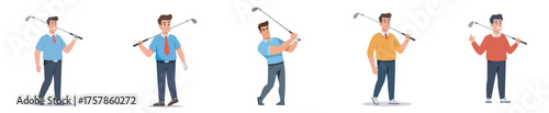 Flat design vector set of a male character holding a golf club in various outfits