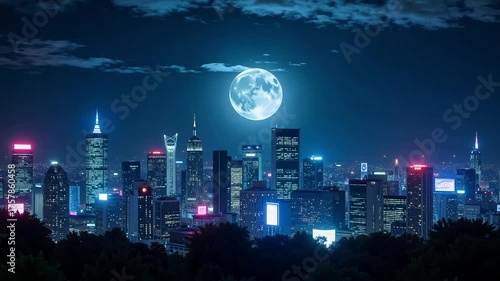 Vibrant city skyline glows under a full moon with dynamic neon lights illuminating modern skyscrapers, creating a breathtaking nightscape of urban energy and allure.