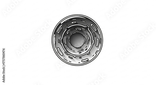 Teardrop shaped illustration of serene wetland landscape with cattails, stream, and sky