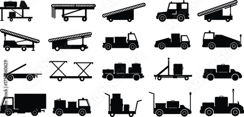 Airport ground support vehicles, baggage handling equipment, conveyor loaders, luggage carts, and cargo transport trucks silhouette for logistics illustration design