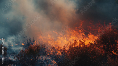 Wallpaper Mural Vibrant Orange and Deep Red Wildfire Flames Burning Brush with Intense Smoke, Generative AI Torontodigital.ca