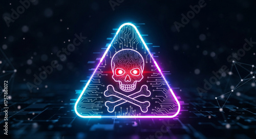 A digital illustration of a skull and crossbones inside a triangle with glowing red eyes, representing a cyber security threat or online danger on a dark background