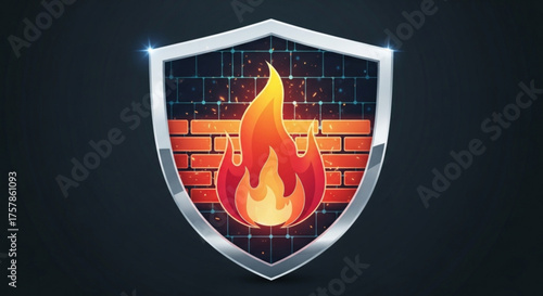 Firewall security shield icon with brick wall and flame, symbolizing network protection, data safety, and cybersecurity on a dark background, digital illustration