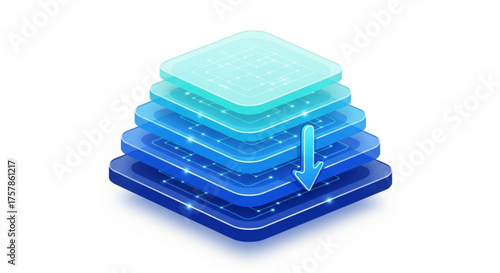 Abstract illustration of layered squares with an arrow pointing down, , representing data compression, file storage, or hierarchy