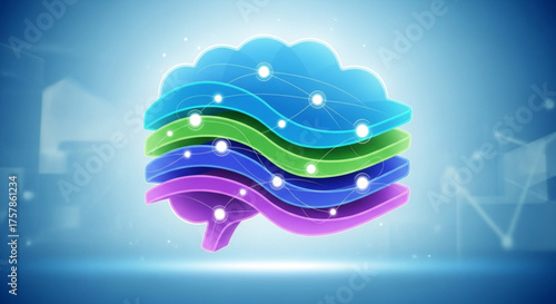 Abstract digital brain illustration with colorful layers and interconnected nodes, representing artificial intelligence, machine learning, and cognitive processes
