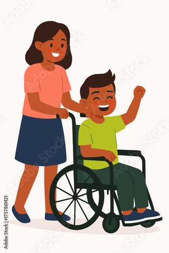 Sister Pushing Sibling in Wheelchair Vector