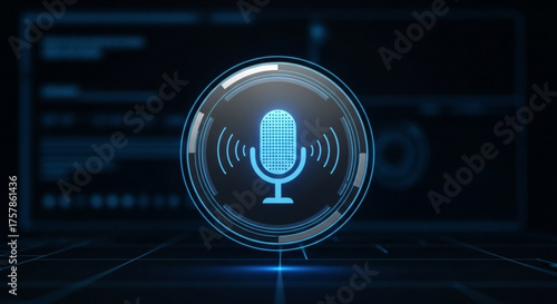 Futuristic microphone icon on a digital interface, representing voice recognition technology and audio input