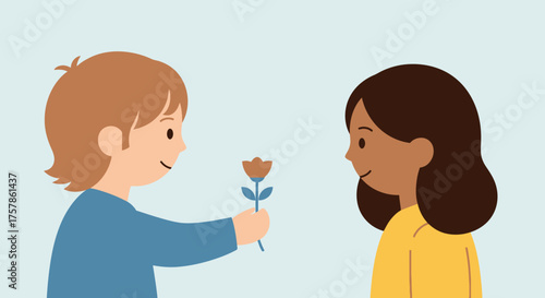 Illustration of a sweet young boy giving a single flower to a girl as a gesture of kindness, friendship, and innocent affection