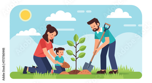 Family Planting a Tree Together in the Garden on a Sunny Day Illustration