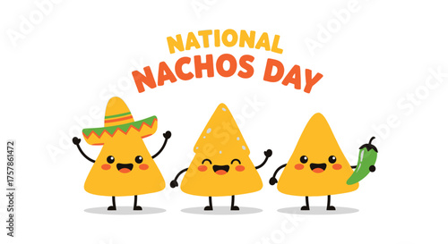 Celebrate National Nachos Day with a Trio of Cheerful, Cartoon Nacho Characters Wearing a Sombrero, Holding a Jalapeno, and Dancing with Joy