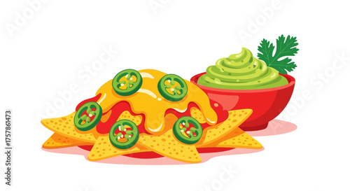 Vibrant vector illustration of delicious cheesy nachos generously topped with spicy jalapeño slices, served alongside a fresh bowl of creamy guacamole, perfect for a festive snack or appetizer