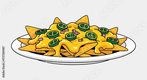 Classic Mexican appetizer A delicious pile of tortilla chips smothered in melted nacho cheese and topped with spicy jalapeño slices