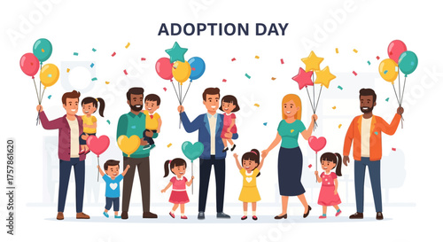Happy Diverse Families Celebrating Adoption Day with Balloons and Confetti