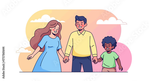 Happy diverse family holding hands, representing love, unity, and togetherness in a simple, modern illustration