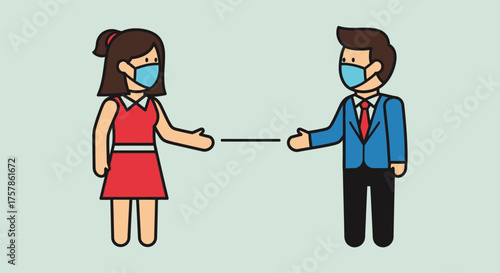 Social distancing woman and man wearing masks separated by safe distance on light green background