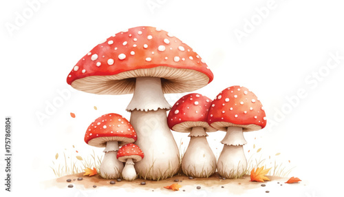 Red Mushroom Family Watercolor Illustration Vector