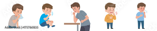 A set of illustrations showing a young man experiencing various allergy and cold symptoms