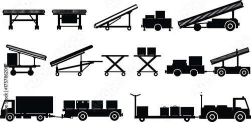 Airport baggage handling equipment, conveyor belts, cargo loaders, luggage carts, and transport vehicles silhouette for logistics and ground service illustration