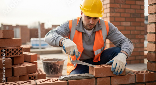Focused bricklayer carefully applying mortar to a brick on a construction site with his trowel
