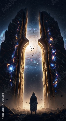Mysterious Figure Approaches a Luminous Cosmic Gateway Between Towering Structures.