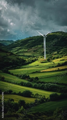 A view of a green valley with a wind generator standing among the fields