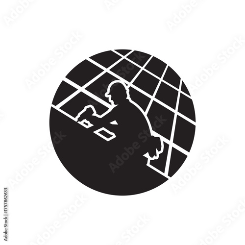 Solar Panel Installer on Roof Circle Silhouette Icon