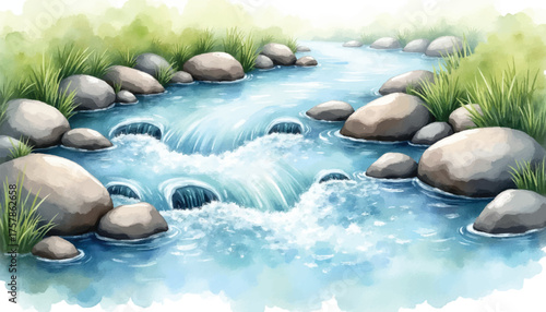 Watercolor River Landscape with Rocks and Grass