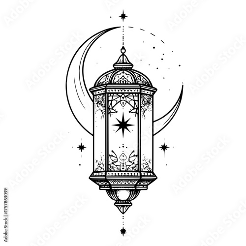 Elegant lantern with crescent moon and stars design for a mystical celestial night scene illustration
